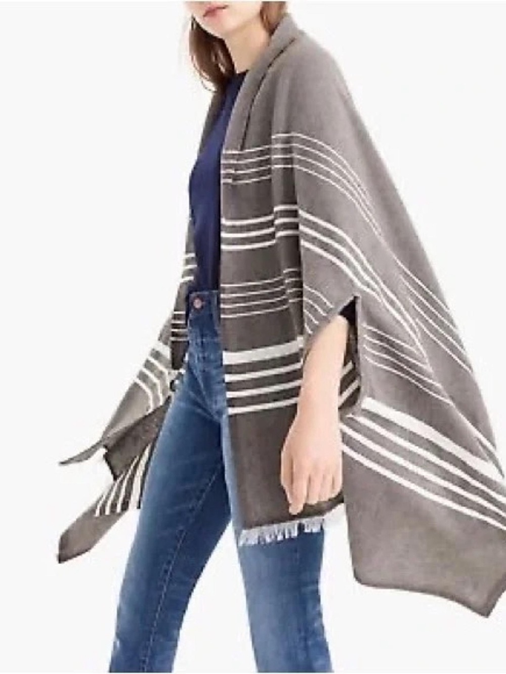 J Crew Striped Gray & White Knit Poncho OS